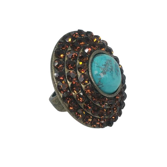 Genuine Turquoise Bold Statement Ring w/ Amber-Color Rhinestones – Size 7 - Picture 1 of 5